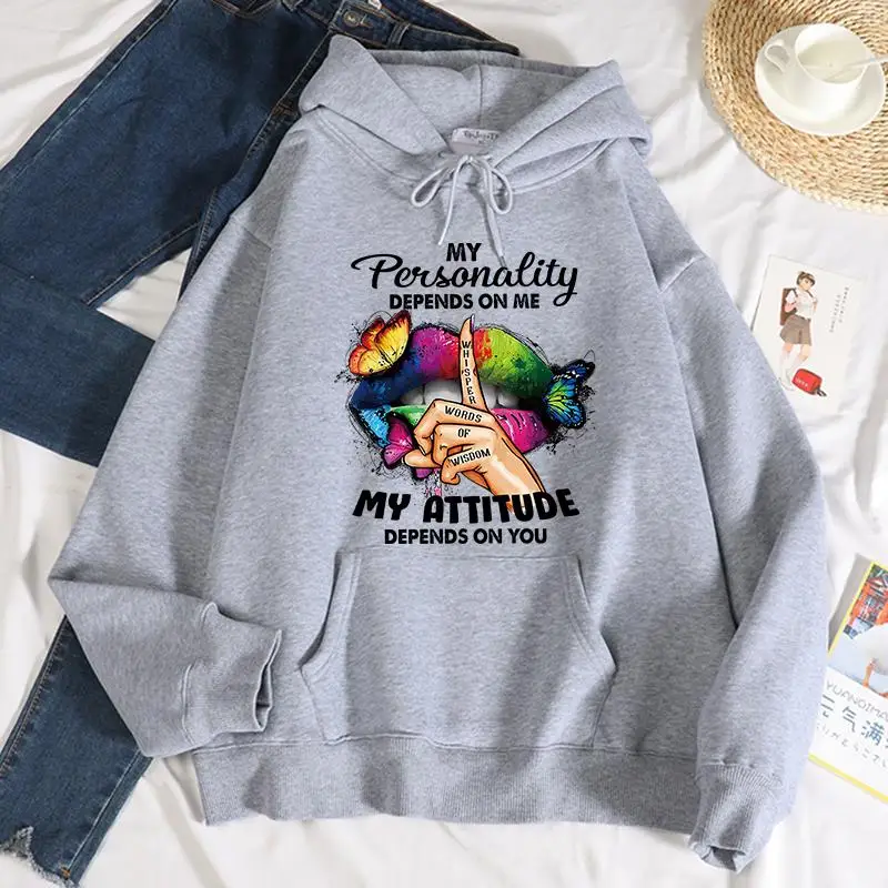 You Aattitude Depends On You Printing Female Hoodie Street Warmth Comfortable Sweatshirt Casual Pocket Pullover Loose Clothes