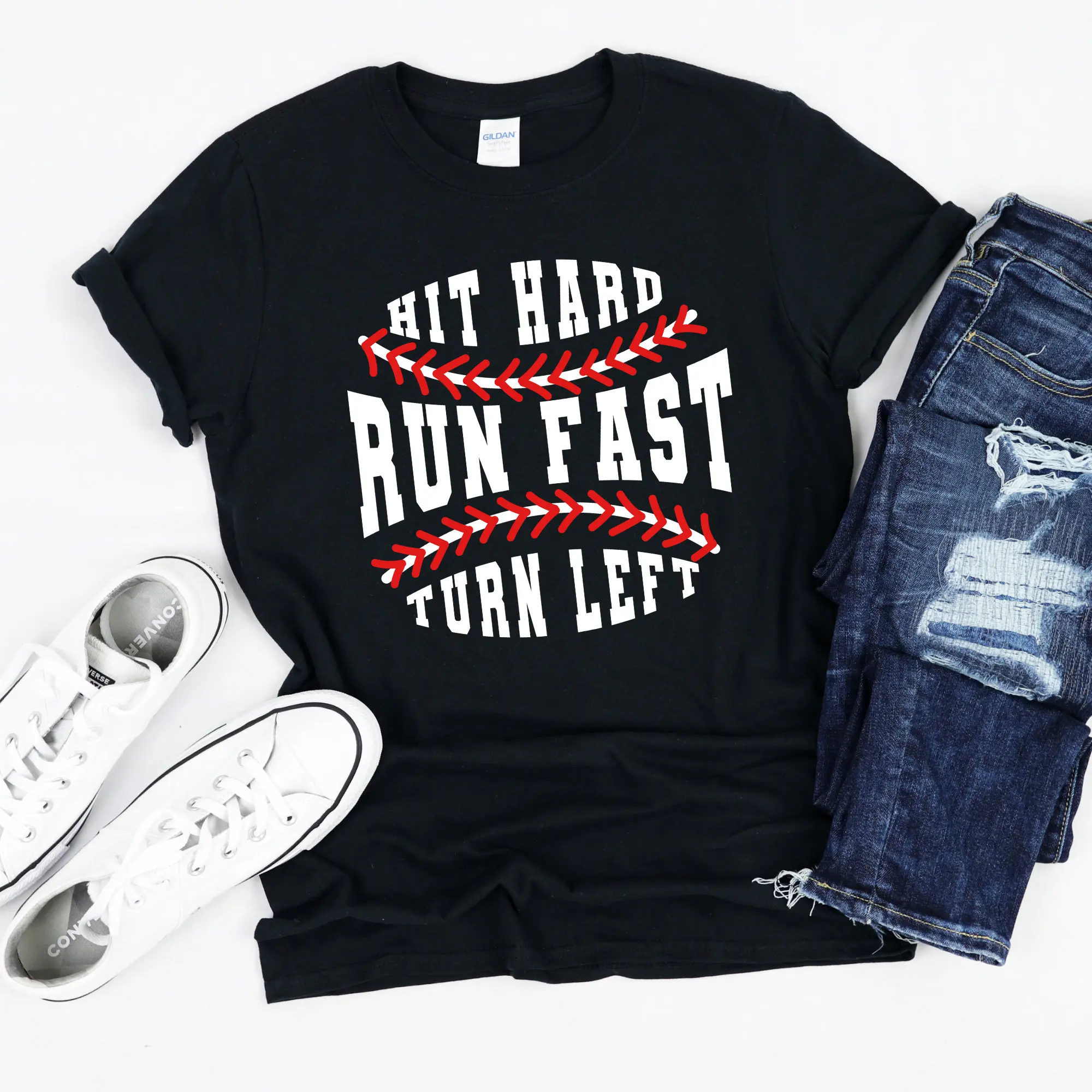 Hit Hard Run Fast Turn Left T Shirt Funny Baseball Softball Eat Sleep Quote Saying Decal Unisex