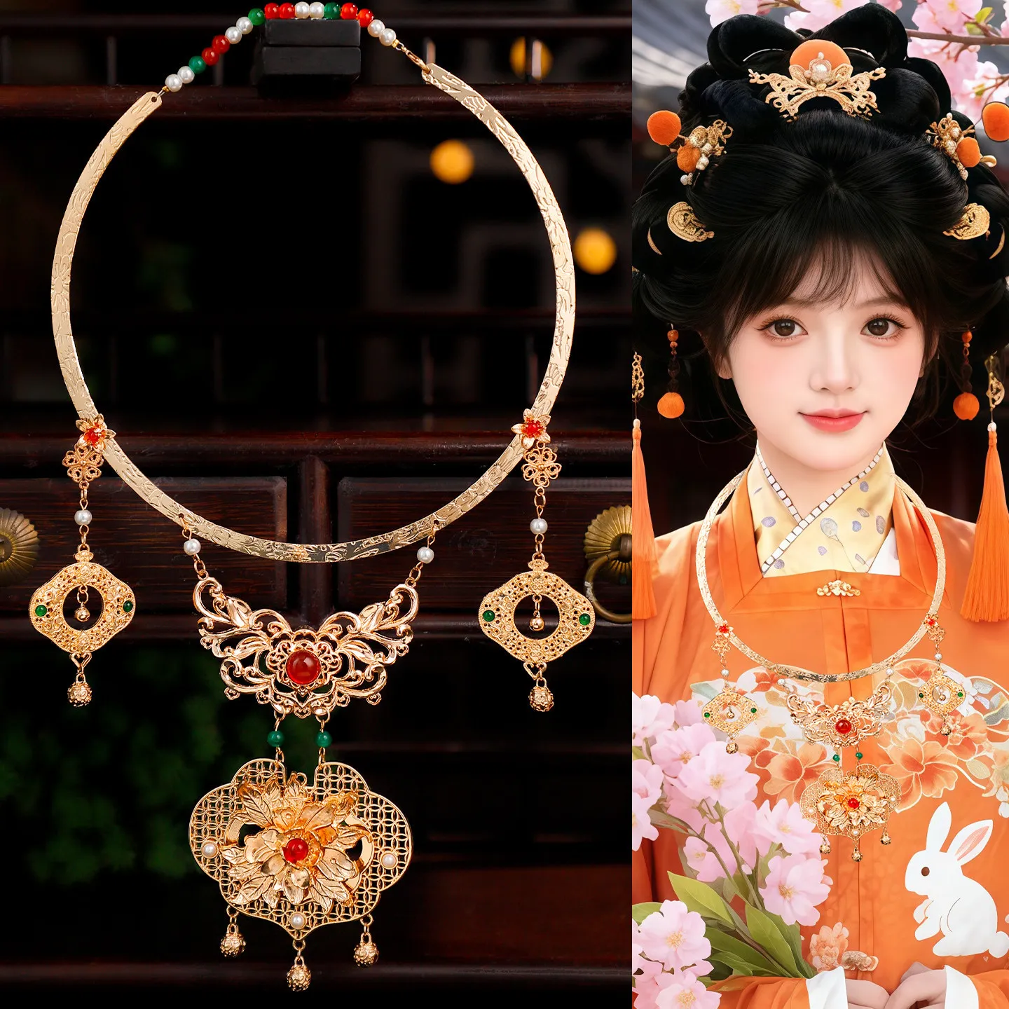 Chinese Traditional Hanfu Collar Necklace Carved Longevity Lock Faux Pearl Tassel Pendant For Ming Dynasty Ma Mian Skirt Jewelry