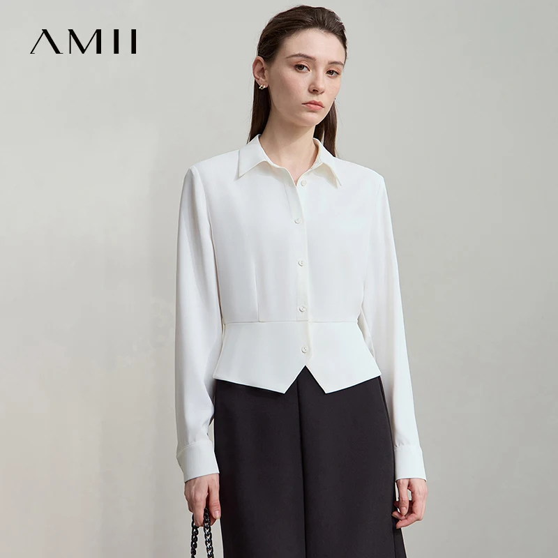 

AMII 2025 Autumn New Arrival Minimalism Office Lady Shirt Long Sleeves Fit Short Style Lapel Blouses Women's Clothing 12543019