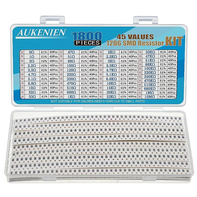 

Резистор SMD AUKENIEN 1206, 45 значений, 1800 шт., резисторы от 0R до 10 м, комплект 1/4 Вт, различные резисторы SMT с допуском ± 1 %