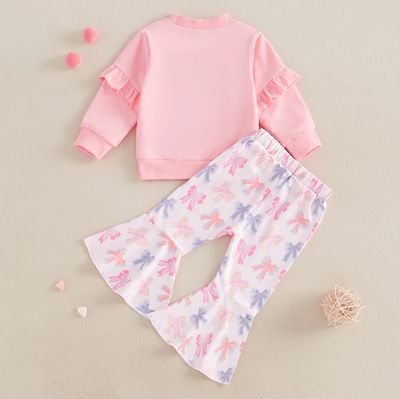 Girls 2-Piece Autumn Outfit with Long Sleeve O Neck Top Featuring Embroidered Letters and Bow Print Flared Pants