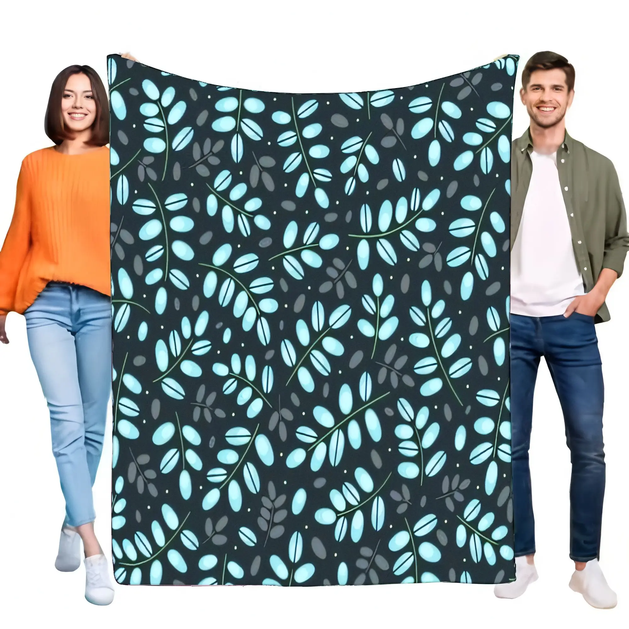 Soft Cozy Botanical Leaf Fleece Blanket Throw for Sofa Bed Couch - Modern Dark Blue Grey Foliage Pattern Home Decor All Season G