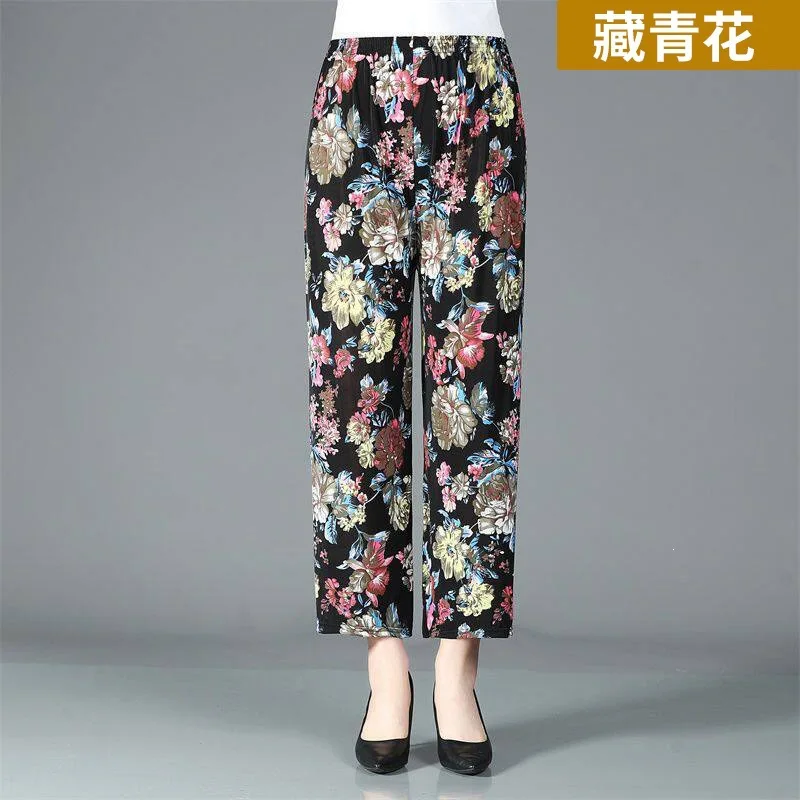 Ice Silk High Waist Elastic Loose Thin Mom Pants Summer Casual Women's plus Size Comfortable Breathable Straight Leg Trousers