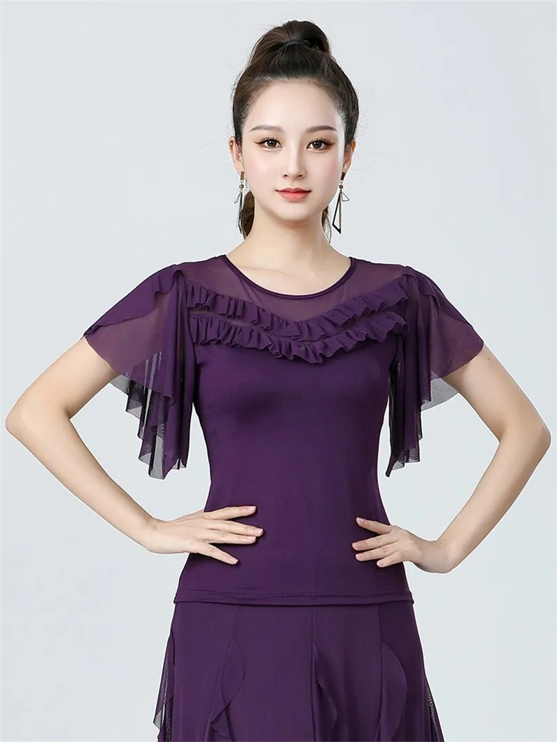 Noble Ruffle Leader Short Sleeve Dance Tops For Women Training  Performance Practice Clothes Summer Ballroom Costumes Dancewear