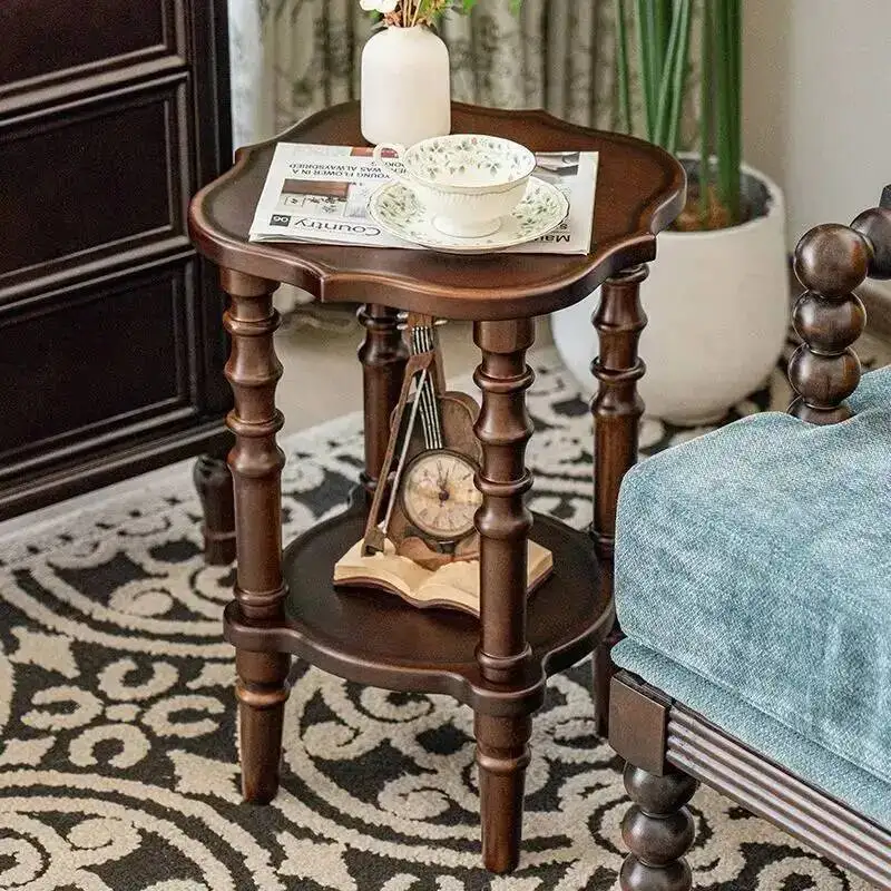 Bedside Minimalist Mobile Side Table for Small Bedrooms, American Vintage Style Solid Wood Two-Tier Nightstand, INS Trend Design