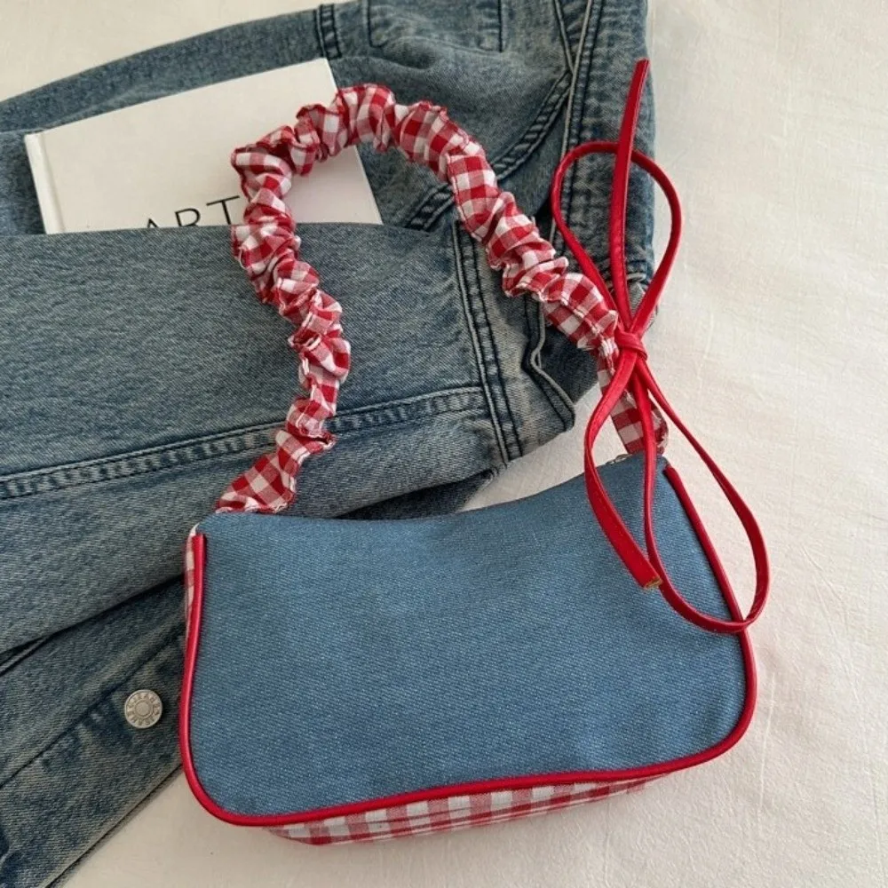 Sac à bandoulière en treillis de Style Rural doux, sac de loisirs en Denim à carreaux sous les bras avec nœud et cordon de serrage pour fille