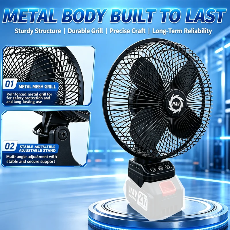 Brushless Metal Fan 140° Oscillation 45° for Makita 18V Power Tool Battery，4-Speed DC Portable Camping Fan Adjustable Head