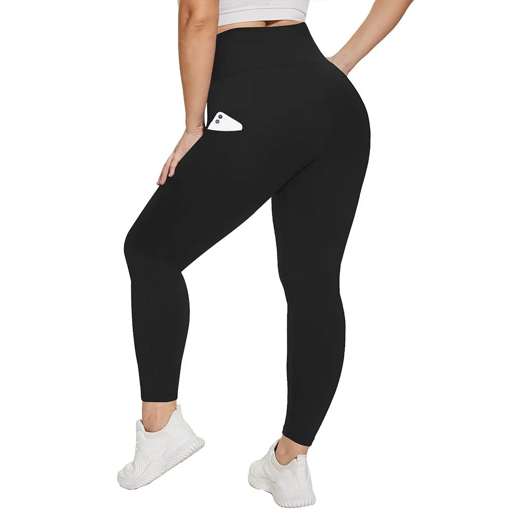 High Waist Leggings Plus Size Slim Fit Cropped Yoga Pants Solid Black Pocket Design Tights Leopard Print Butt Lifting Workout