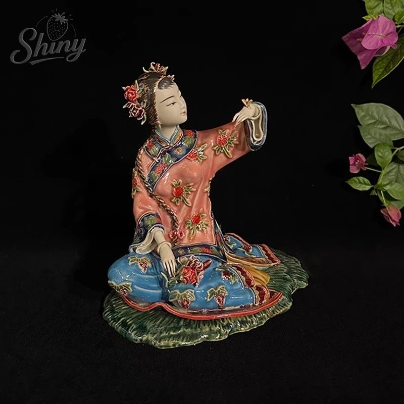 Shiwan Ceramic Figurine: Classical Lady Sculpture Artisan Craft Home Decor Living Room Ornament