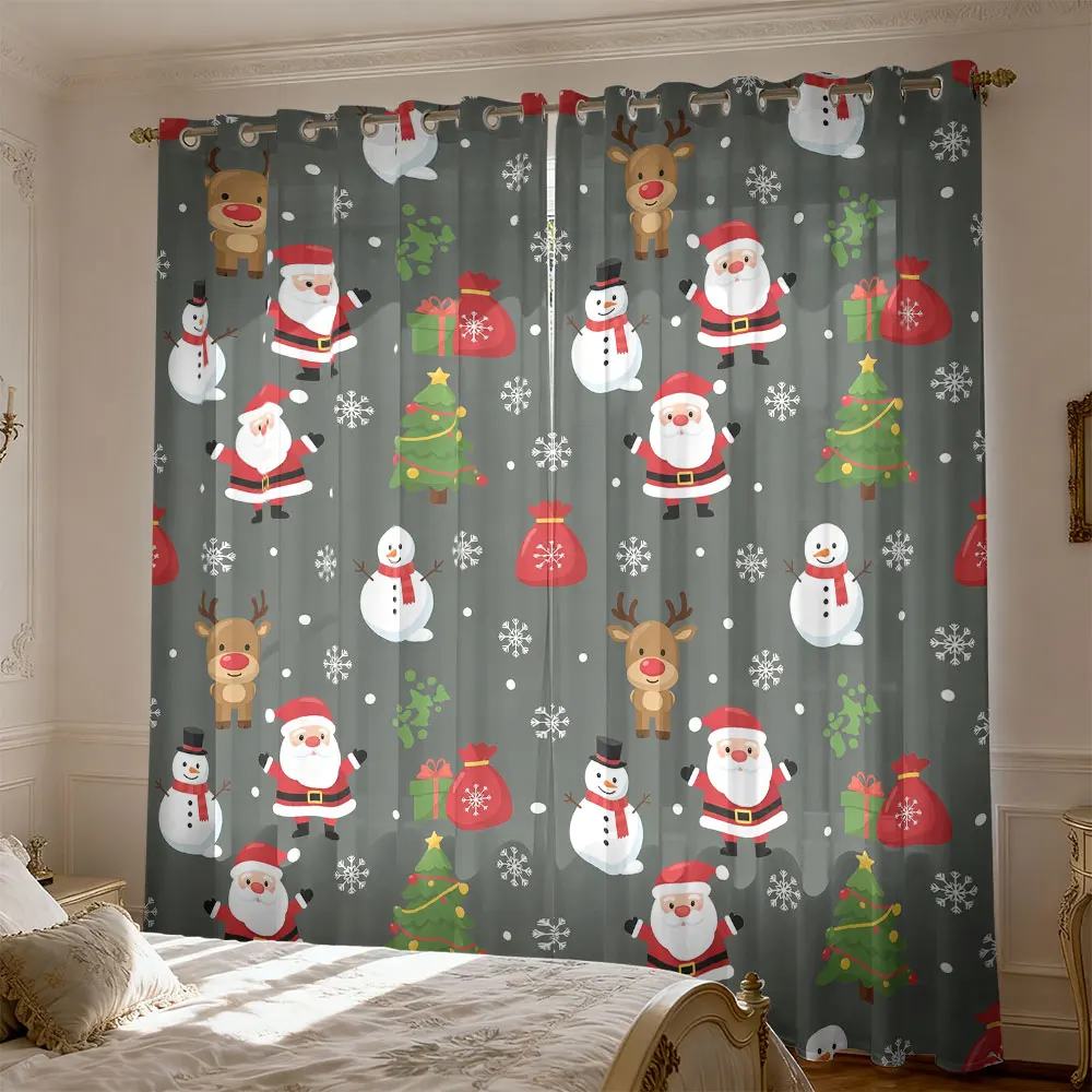 2pcs Christmas Theme Print Perforated Double Door Curtains Light Blocking For Living Bedroom Window Holiday Festival Home Dec
