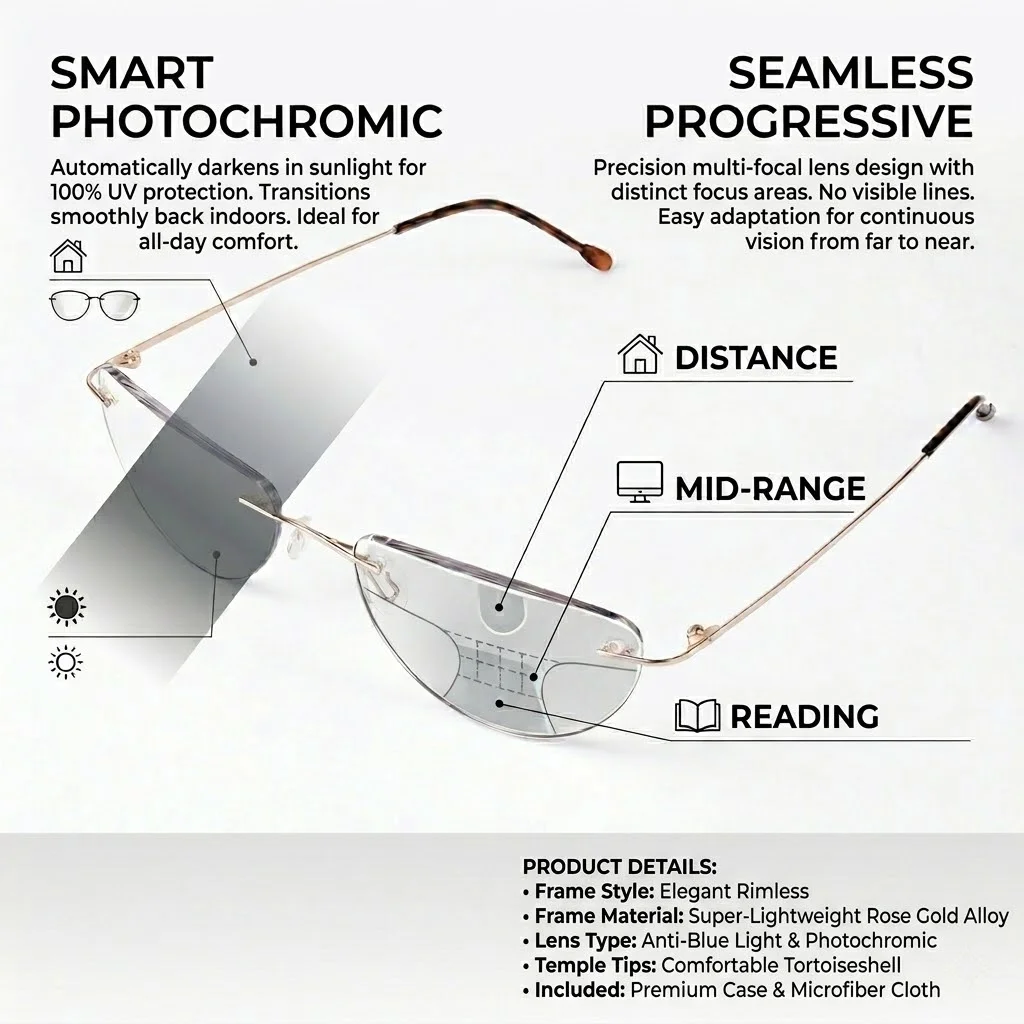 Photochrome progressive multifokale Lesebrille für Damen, Cat-Eye, randlos, bequem, leicht, luxuriöses Markendesign, Geschenk für ältere Menschen