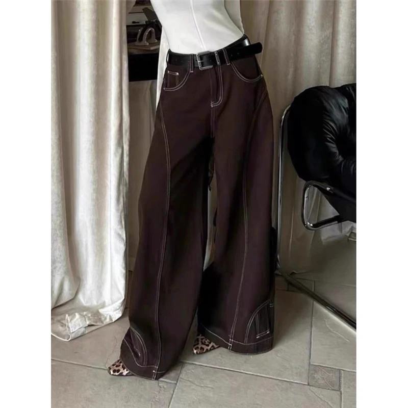 ZHIZOU High Waist Wide Leg Denim Jeans Women's Baggy Trousers American Retro Y2K 90s Brown Line Design Street Hip Hop Long Pants