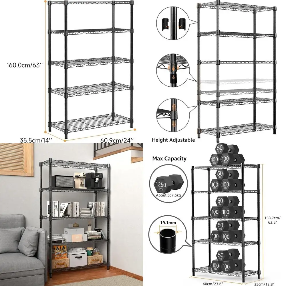 

5-Tier Steel Utility Shelving Unit - 1250 lbs Capacity, 13.7 Deep x 23.6 Wide x 62.4 Tall for Home, Kitchen, Office