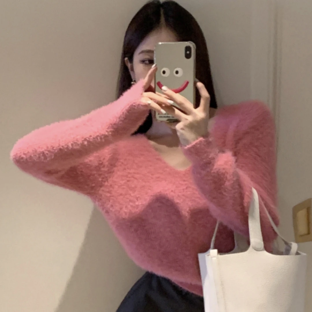 

Pullover Women Sweaters Fashion Knit Mohair Sweater Women's V-neck Short Sweater Autumn and Winter