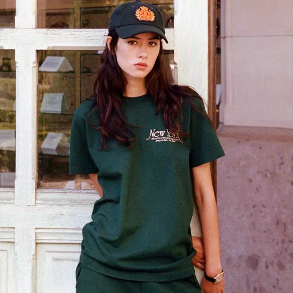 

Нью-Йоркские винтажные стильные темно-зеленые футболки с буквенным принтом, женские свободные толстые хлопковые топы с короткими рукавами, модные футболки 90-х годов