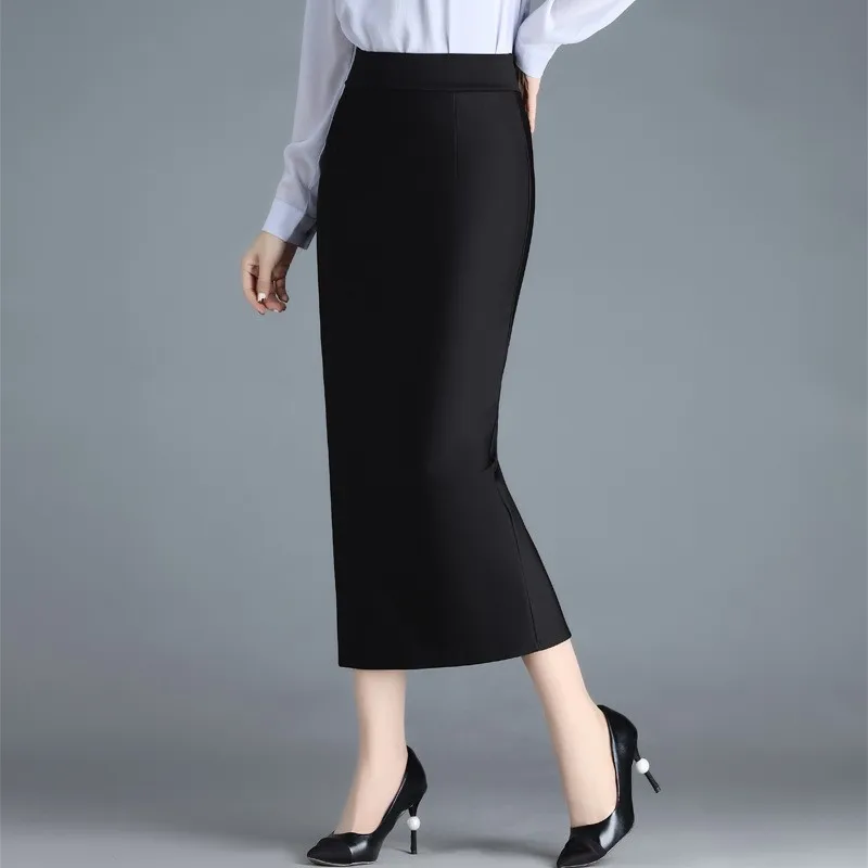 Stretch Pencil Skirts for Women, Office Lady, Formal Black Midi Skirts, Elegant Female Package Hip Skirts, Spring and Autumn