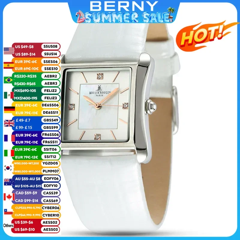 

BERNY Women Quartz Watch Genuine Leather Strap Square 3ATM Waterproof Gemstone Dial Shell Pattern Ladies Fashion Wristwatch