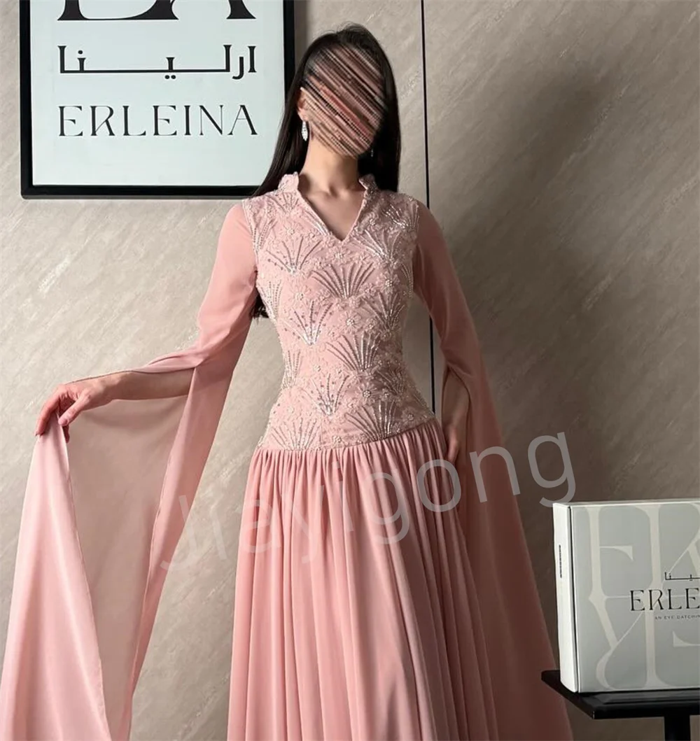 Customized Exquisite Chiffon Pleat Sequined Pattern A-line V-neck Long Bespoke Occasion Celebrity Dresses Elegant
