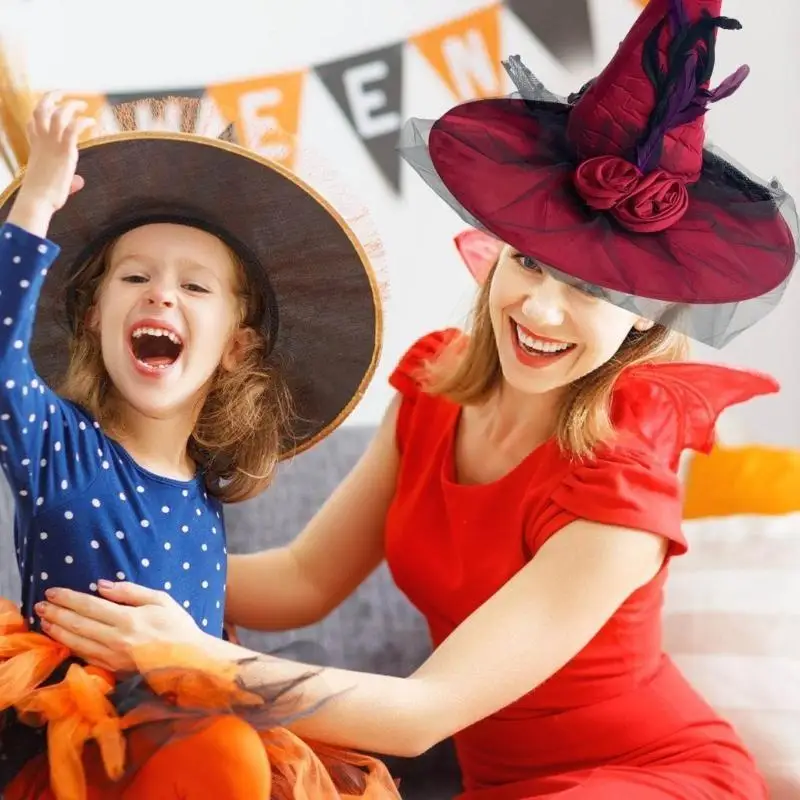 A52E Veil Tulle Witch Hat Costume Halloween Accessoire pour Halloween Party Rose Hearwear pour Masquerade