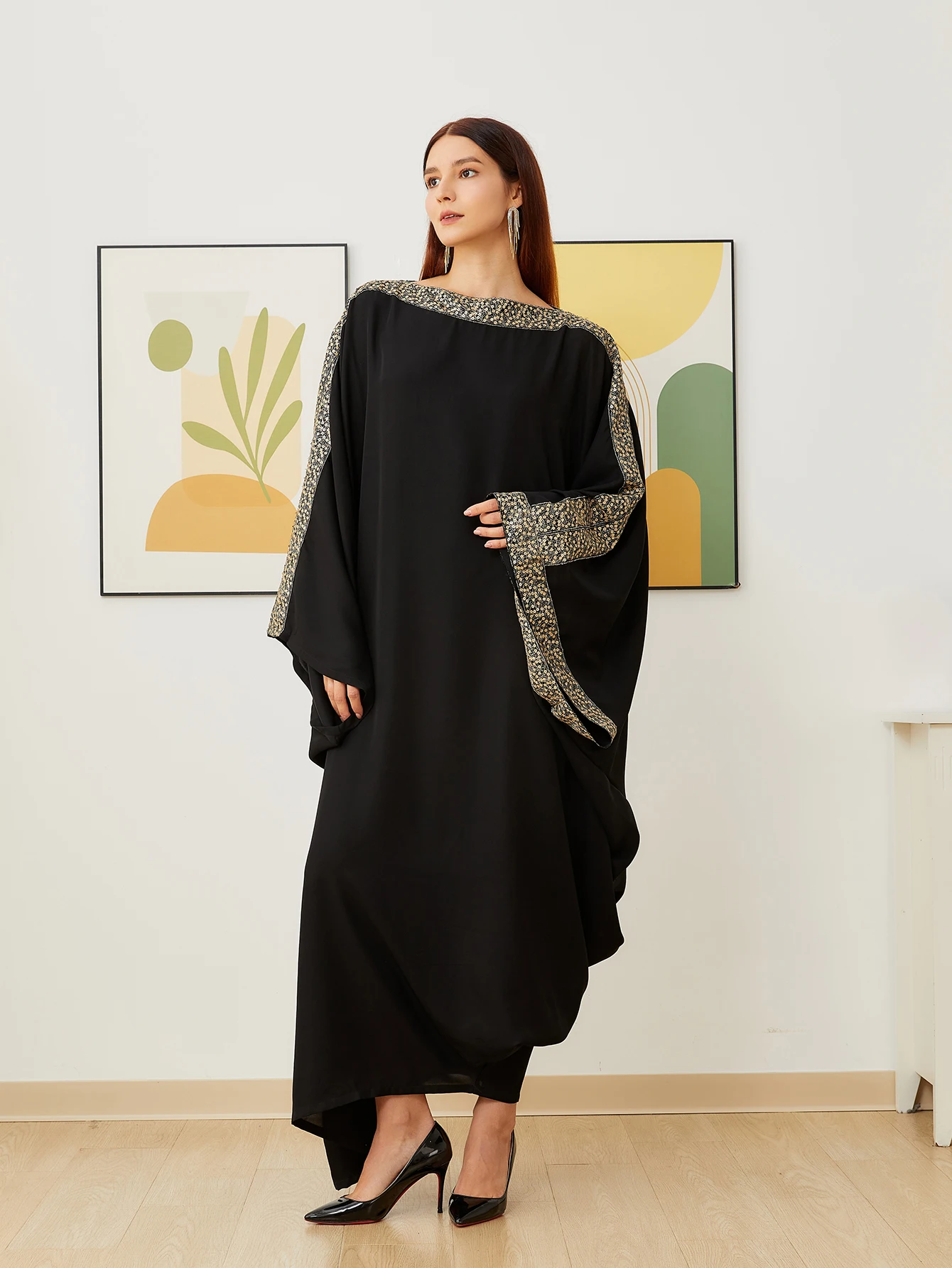 

DEVCHATA New Ultra Black Nida Abaya Muslim Party Dress for Women Islam Kaftan Dubai Arabic Long Loose Robe Islamic Clothing