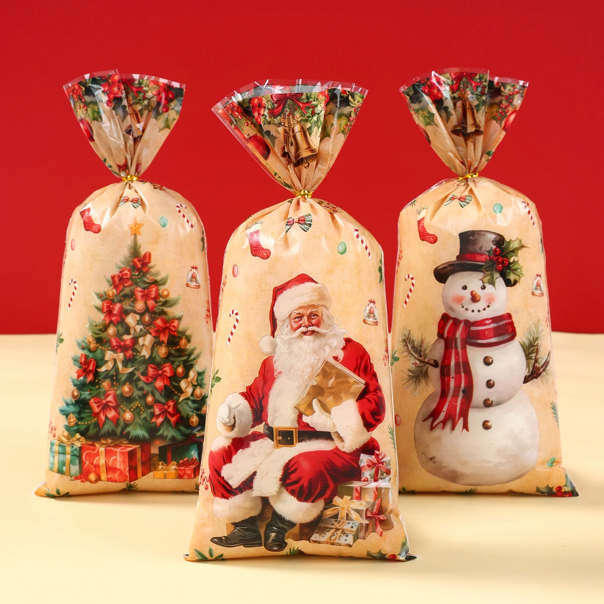 25/50/100pcs Christmas Retro Candy Bags Christmas Decoration 2024 Gift Bags Xmas Gift Bags Christmas Cookies Packing Bags 2025