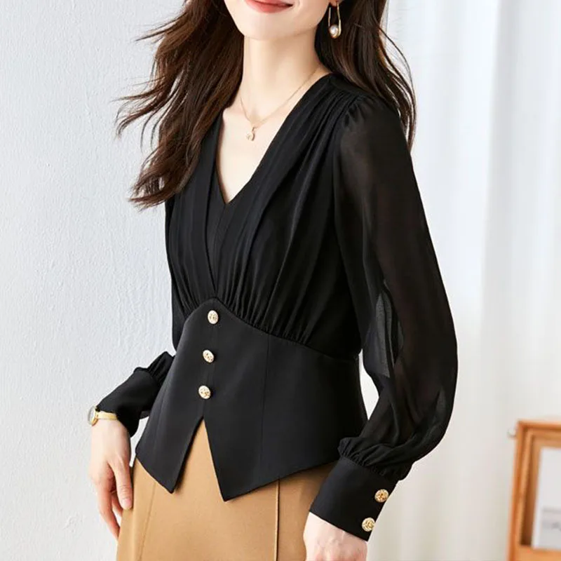 Women Clothing Fashion Casual V-Neck Chiffon Top Spring Summer Elegant Long Sleeve Blouse Office Lady Slim Chic Solid Shirt