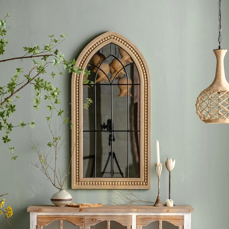

French retro full-length mirror wall-mounted household solid wood full-length mirror living room European makeup decorative mirr