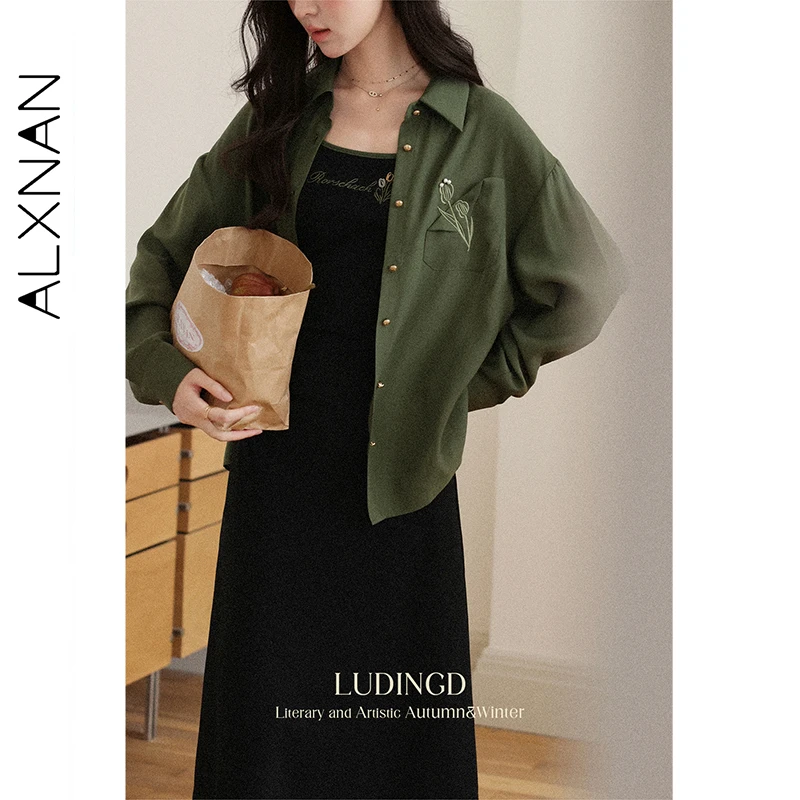 ALXNAN 빈티지 그린 셔츠 여성 가을 ​​새로운 자수 루즈핏 캐주얼 셔츠 금속 단추 오피스 레이디 긴 소매 탑 L56812