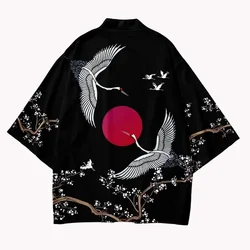 Crane Pattern Print Kimono Cardigan Traditional Men Women Harajuku Yukata Top Japanese Haori Samurai Cosplay Streetwear Clothing