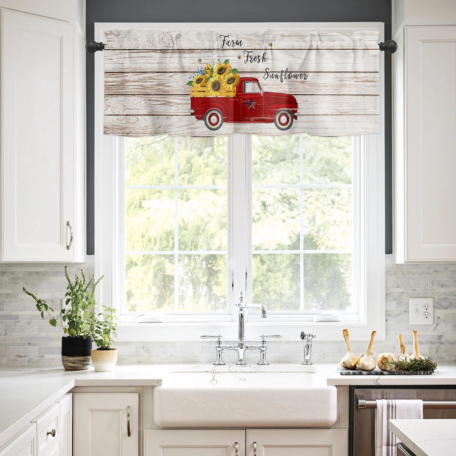 Windows Kitchen Living Room Small Window Valance Sunflower Red Pickup Truck with on Rustic Wooden Board Retro Car 1 Panel