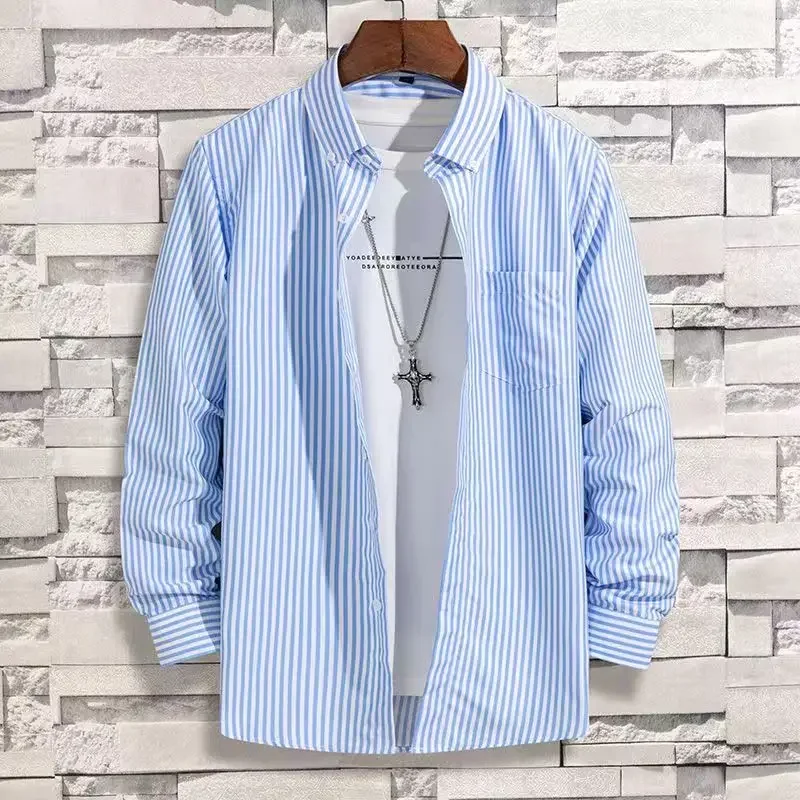 Men\'s Striped Shirt Light Blue Long Sleeve Shirts All-Match Slim Fit Korean Print Shirt Non-iron Casual Business Dress Shirts