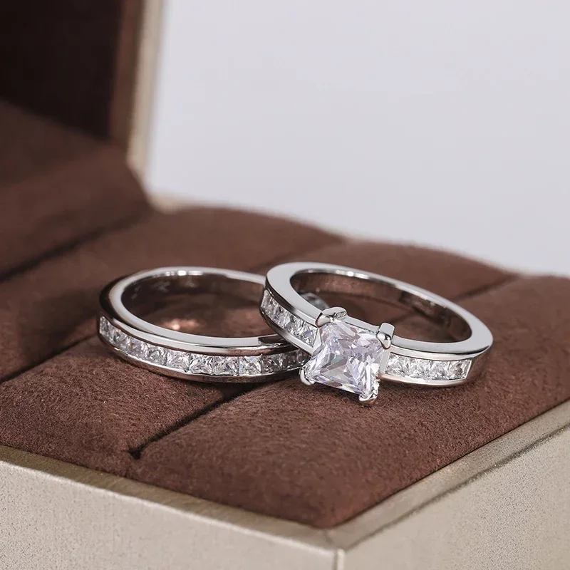 925 Silver Double Row Zircon Micro Inlaid Wedding Ring Set