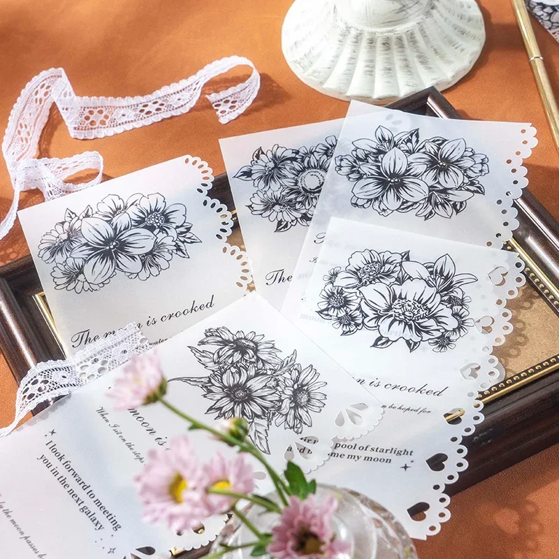 กระดาษลายดอกไม้แบบกลวง 102*200 มม. สำหรับงานสมุดบันทึกและงานประดิษฐ์  10 ชิ้นต่อแพ็ค สไตล์เรโทร สีดำ