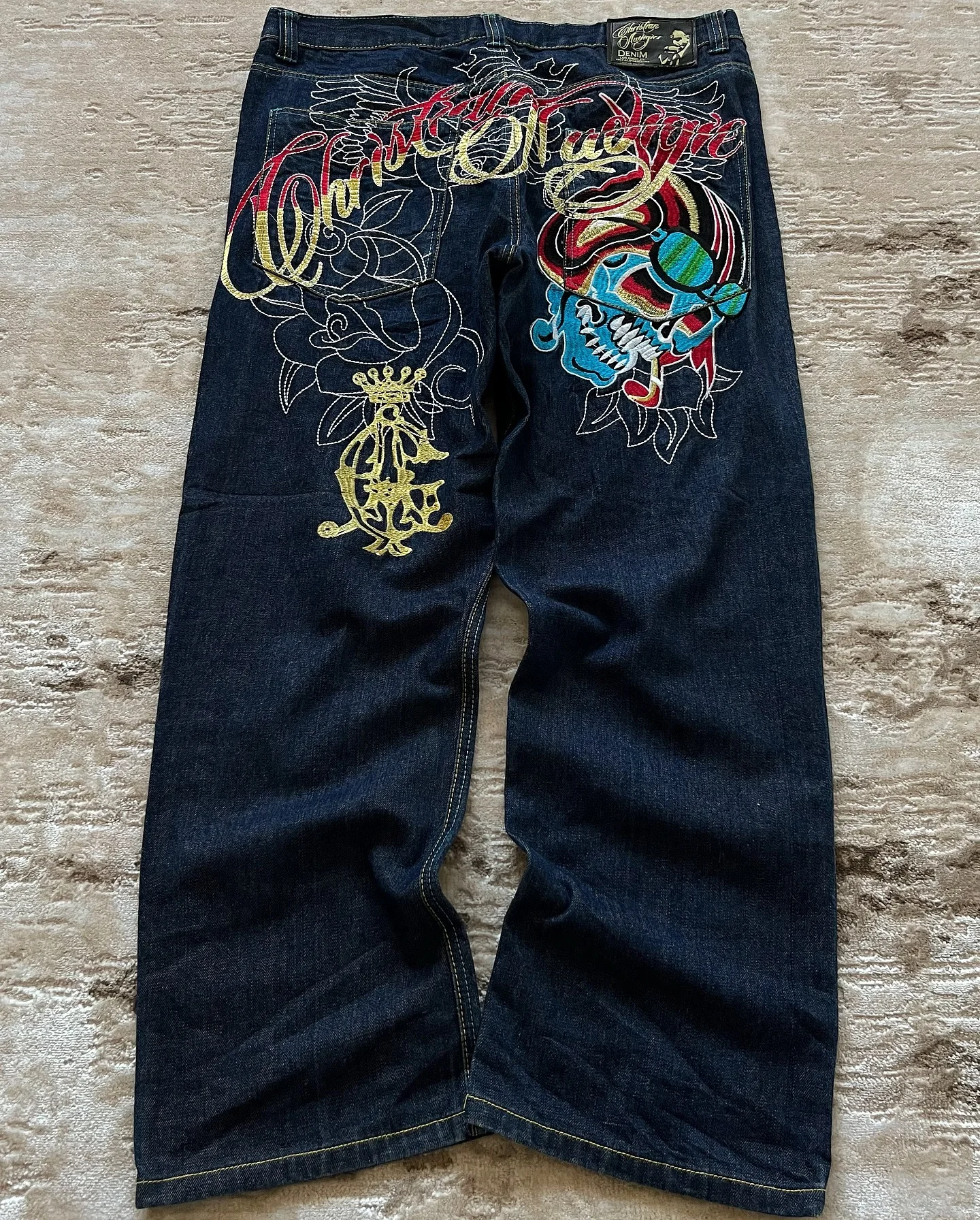 

Джинсы с вышивкой в виде головы черепа, мотоциклетные рыцарские джинсы, винтажные мешковатые прямые джинсовые брюки с высокой талией, уличная одежда, джинсы Y2k, брюки