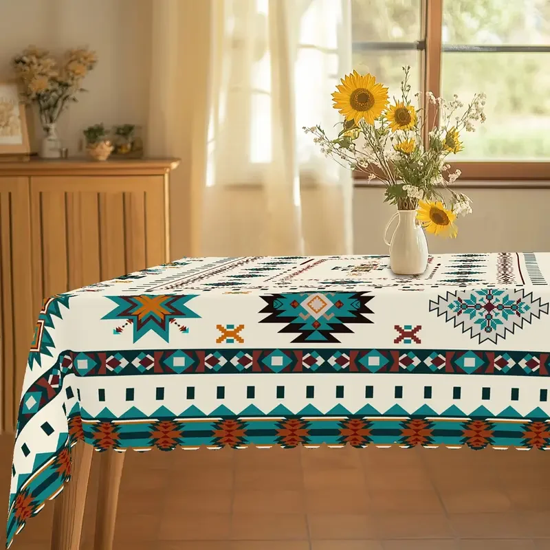 Mexican Aztec Style Rectangle Tablecloth Holiday Party Decor Retro Boho Blue Green Geometric Polyester Table Cloths Home Decor