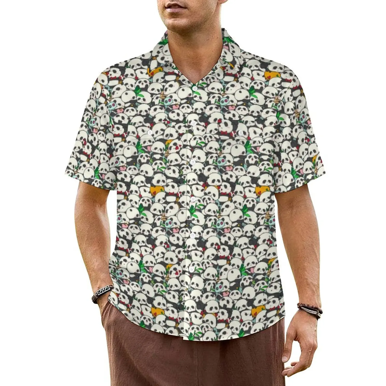 

Повседневная рубашка с милой пандой, Гавайские ретро рубашки с милым рисунком животных, мужские пляжные стильные блузки большого размера с коротким рукавом и графическим принтом