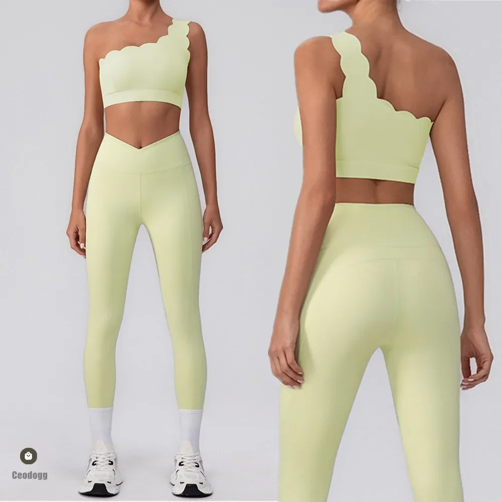 

2PCS Yoga Set One Shoulder Sport Bra Workout Yoga Set Women Tracksuit Gym Fitness Running Workout Leggings Exercise Wear XP97