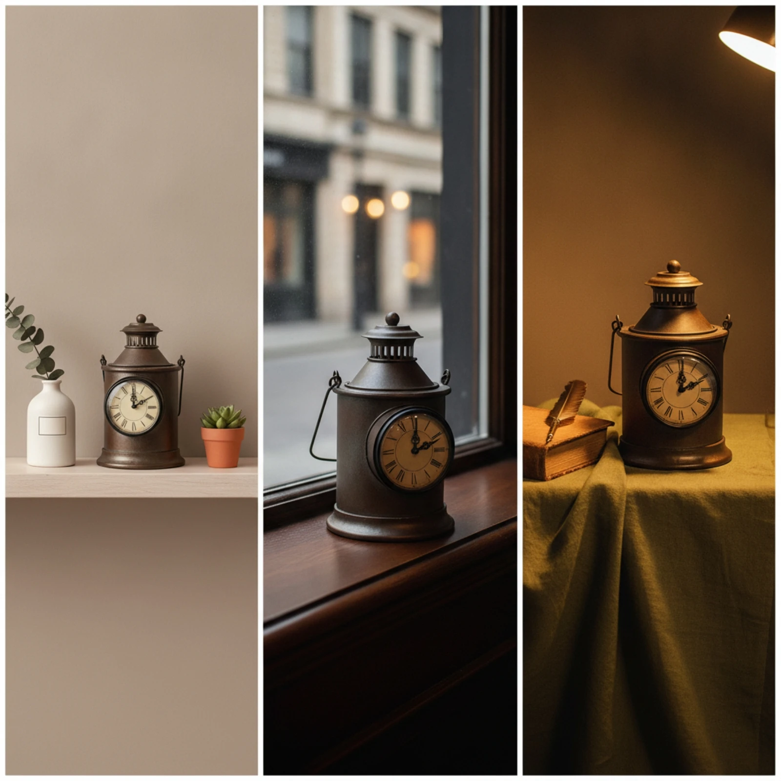 Lantern Clock Vintage-Style Decorative Clock Ornament Bronze Decor Rustic for Shelf, Desk