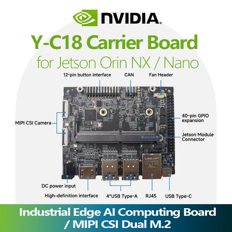 Y-C18 Jetson Orin NX/Nano Carrier Board Industrial Edge AI MIPI CSI Dual M.2 Key M Key E for Robotics Vision AI