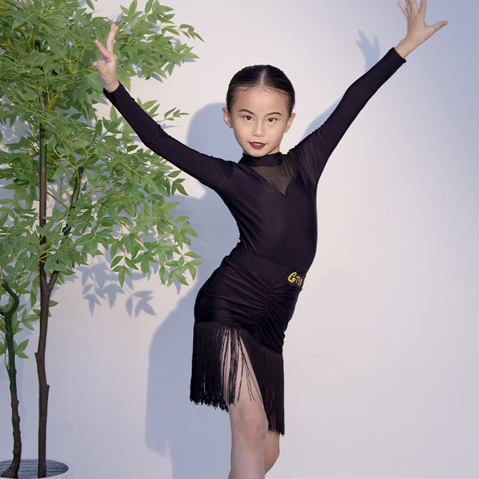 

Cha Cha Tango Latin Dance Costume Girls Black Tassel Latin Dance Dress Girls Set Professional Competition Performance Clothes