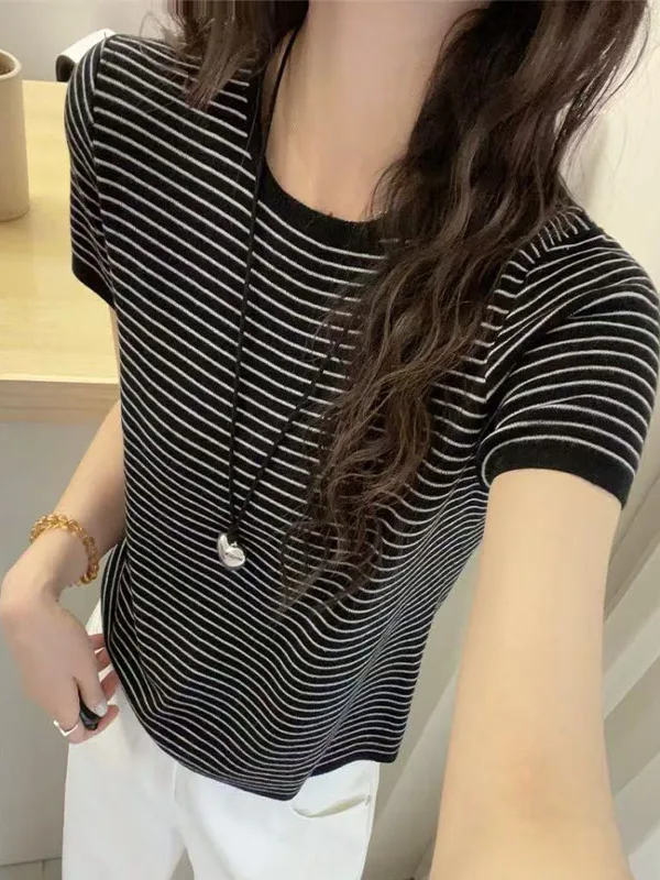 Slimming Effect Ice Silk Fabric Knitted Short Sleeve Women's round Neck Striped Loose Fit Top Summer Versatile Fashionable 20...