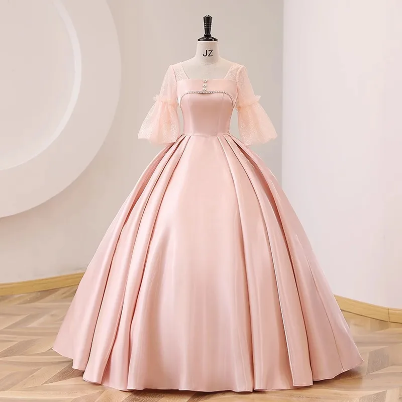 Vestido de baile em cetim rosa claro para mulheres, gola redonda, manga sino curta, vestido de festa formal com pérolas, 2022