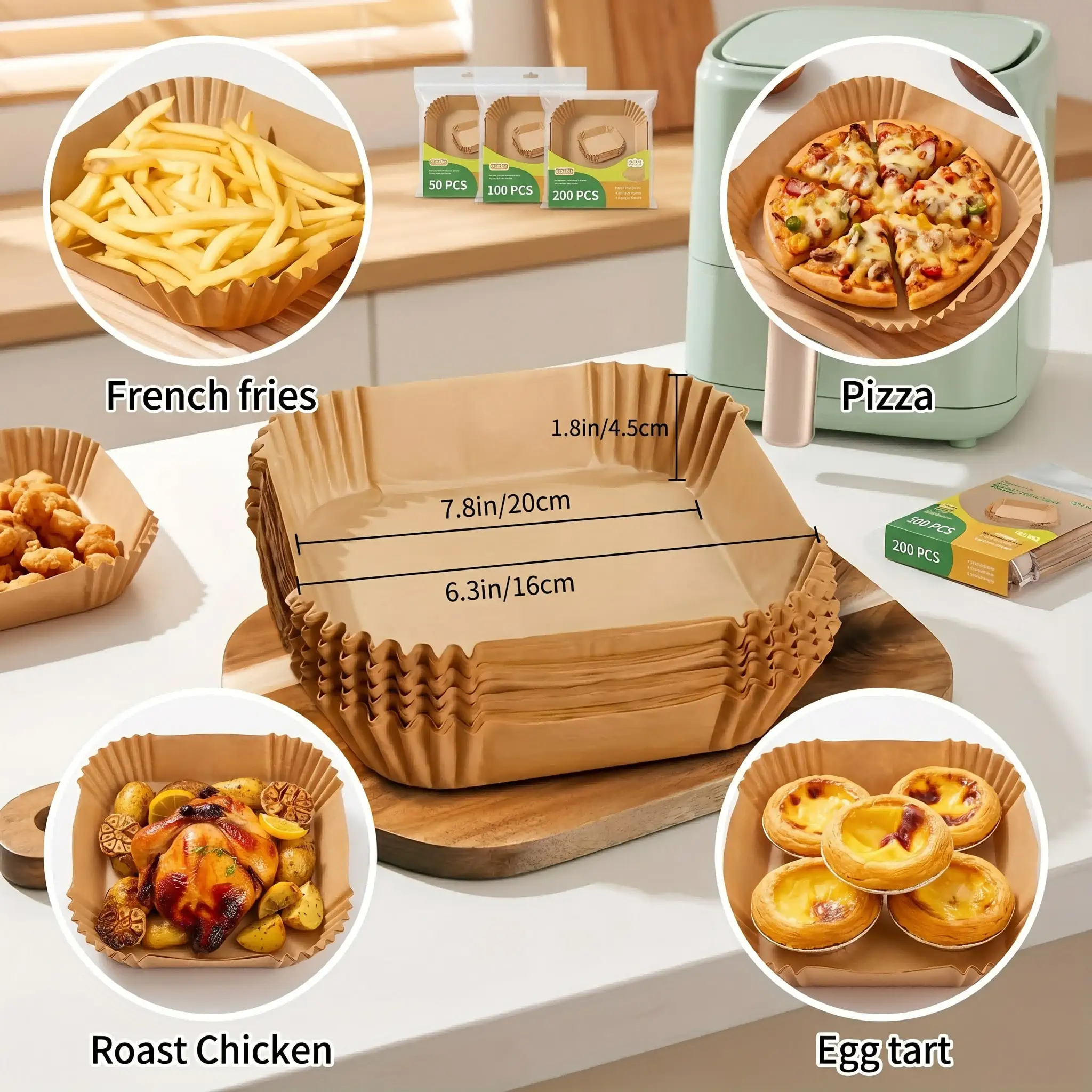 

100PCS Air Fryer Parchment Paper - 16*16cm Non-Stick Square Sheets For 5-8L Oil- Fryer, Oven & Microwave