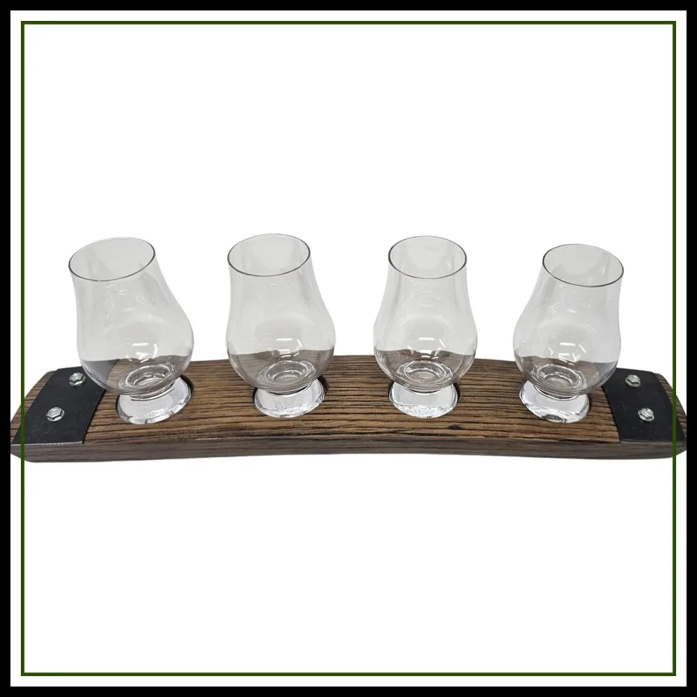 

Reclaimed Bourbon Barrel Stave Premium 4 Glass Whiskey Flight Serving Tray with Glencairn Glasses, Dark Walnut, 17 Inch