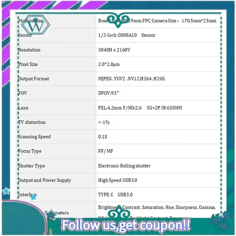 A75Q-3840H X 2160V 4K 8MP HD 1/2 polegadas OS08A10 USB3.0 Tipo-C Módulo de câmera FF 93 °   MJPEG, YUV2, H264, H265 para reconhecimento facial