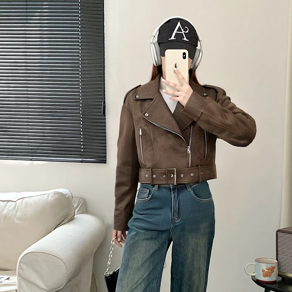 브라운 모터사이클 재킷 여성용 아우터웨어 2024 가을 빈티지 루즈 롱 슬리브 PU 사슴 가죽 벨벳 탑