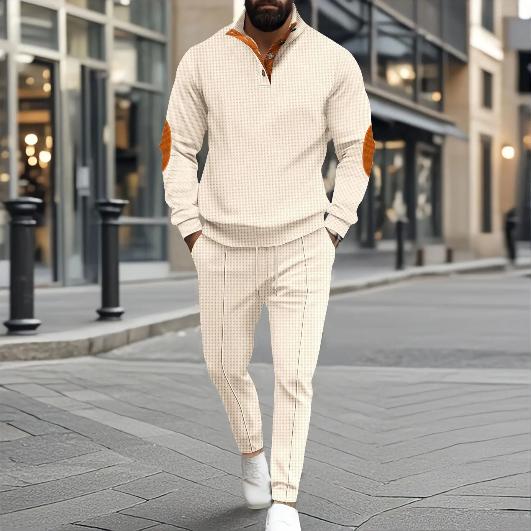 

New Autumn American Mens Waffle Stand Collar Button Placket Casual Long Sleeve Sweatshirt Set Two Piece Outfit