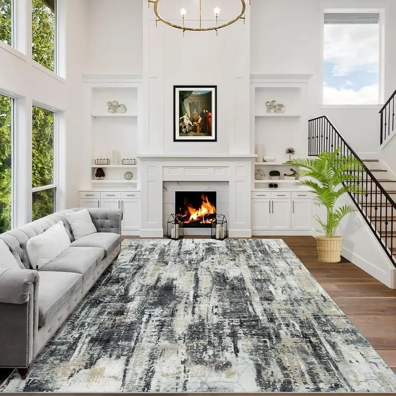 VIKAMA Blue White Abstract Area Rug Modern Texture Carpet For Living Room Bedroom Dining Office Large Floor Mat Home Decor