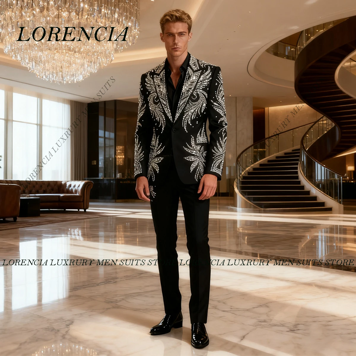 

Customized Stuning Rhinestones Diamond Men Suits 3 Pieces Sets Male Party Blazer Ropa Hombre Handsome Glitter Label Groom Tuxedo